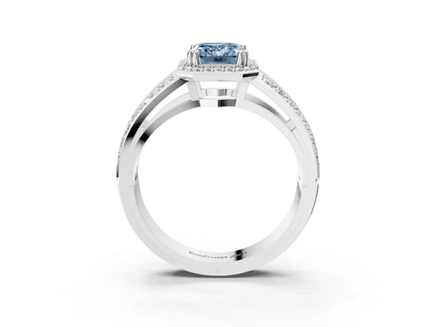 White gold Fancy Blue Emerald Cut Diamond Halo Ring with Split Shank Pavé Band and Four-Prong Setting_45