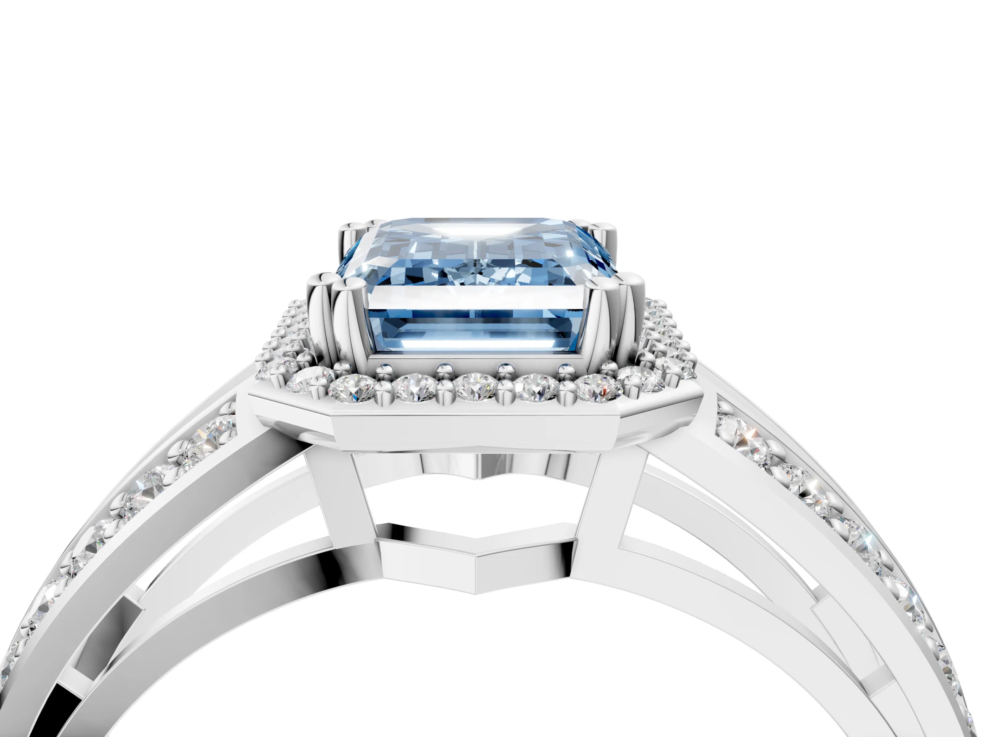 White gold Fancy Blue Emerald Cut Diamond Halo Ring with Split Shank Pavé Band and Four-Prong Setting_47