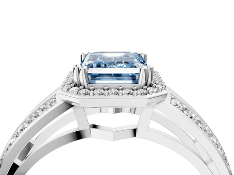 White gold Fancy Blue Emerald Cut Diamond Halo Ring with Split Shank Pavé Band and Four-Prong Setting_47