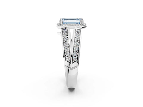 White gold Fancy Blue Emerald Cut Diamond Halo Ring with Split Shank Pavé Band and Four-Prong Setting_50