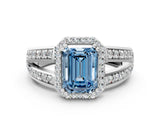 White gold Fancy Blue Emerald Cut Diamond Halo Ring with Split Shank Pavé Band and Four-Prong Setting_60
