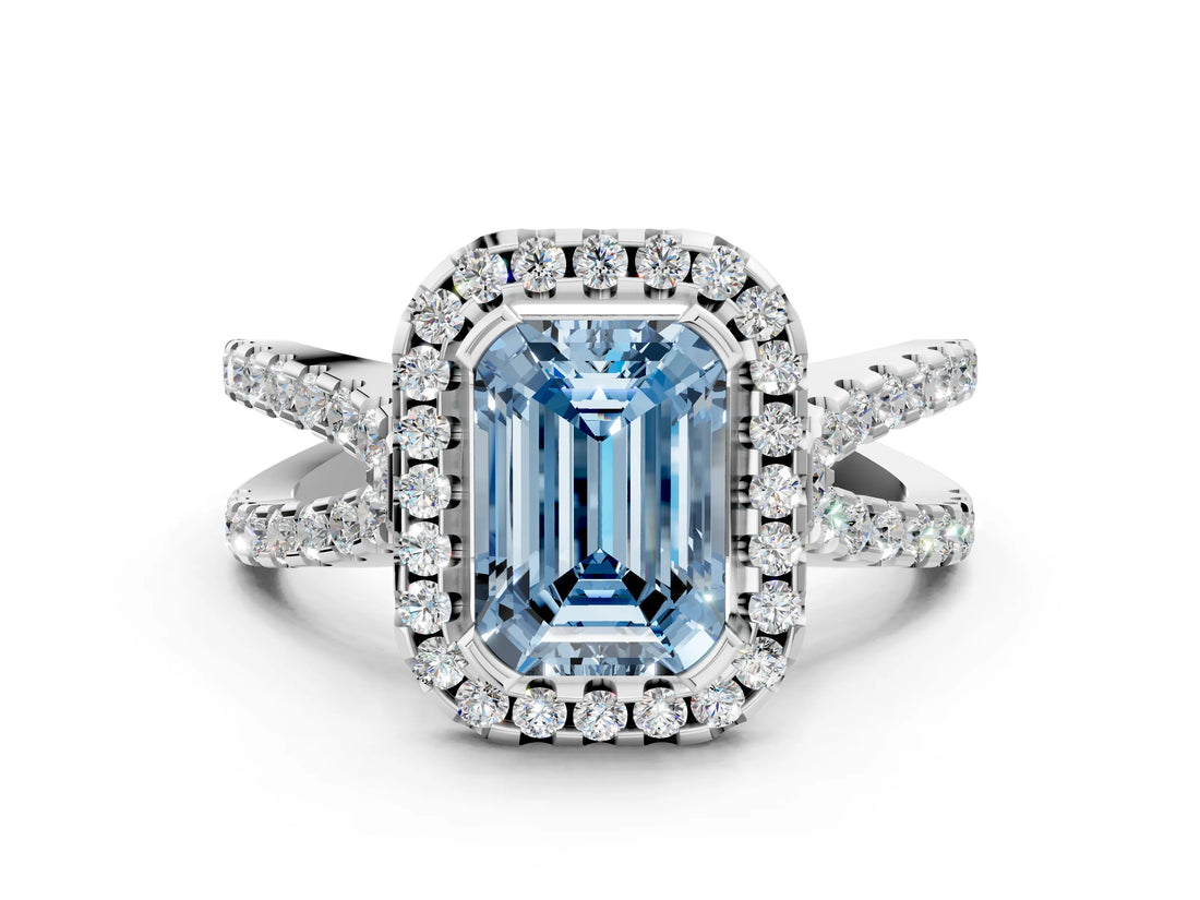 White gold Fancy Blue Emerald Cut Diamond Halo Ring with Split Shank Pavé Band and Prong Setting_79
