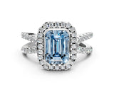 White gold Fancy Blue Emerald Cut Diamond Halo Ring with Split Shank Pavé Band and Prong Setting_79