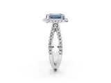 White gold Fancy Blue Emerald Cut Diamond Halo Ring with Split Shank Pavé Band and Prong Setting_81
