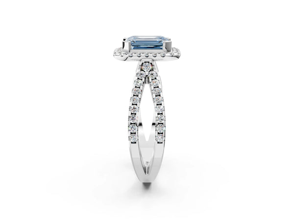 Platinum Fancy Blue Emerald Cut Diamond Halo Ring with Split Shank Pavé Band and Prong Setting