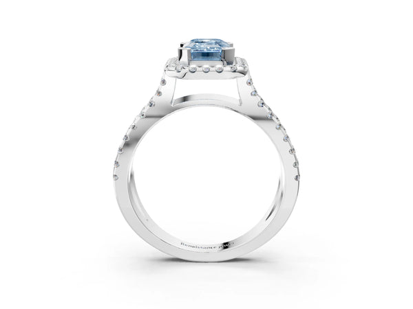 Platinum Fancy Blue Emerald Cut Diamond Halo Ring with Split Shank Pavé Band and Prong Setting