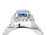 White gold Fancy Blue Emerald Cut Diamond Halo Ring with Split Shank Pavé Band and Prong Setting_83