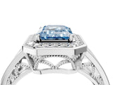 White gold Fancy Blue Emerald Cut Diamond Halo Ring with Split Shank and Bezel Accents and Prong Setting_4