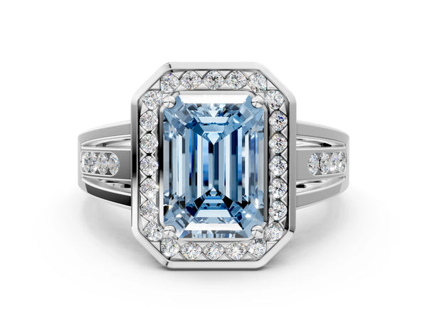 White gold Fancy Blue Emerald Cut Diamond Halo Ring with Split Shank and Bezel Accents and Prong Setting