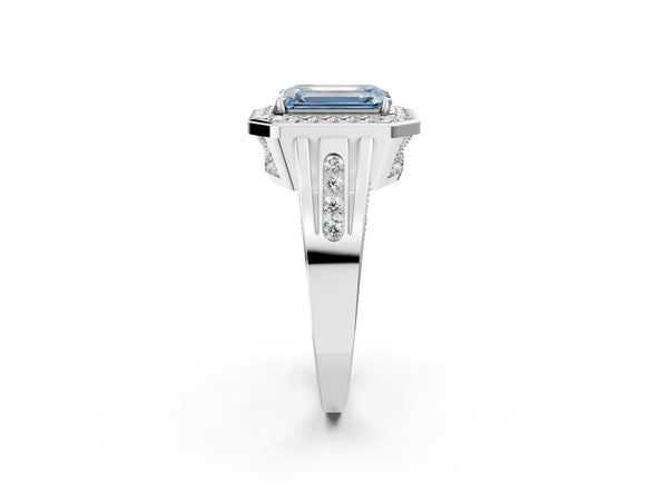 White gold Fancy Blue Emerald Cut Diamond Halo Ring with Split Shank and Bezel Accents and Prong Setting