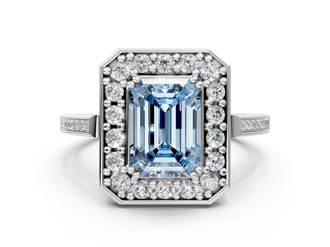 White gold Fancy Blue Emerald Cut Diamond Halo Ring with Split Shank and Four-Prong Setting_45