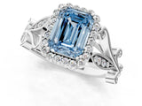 White gold Fancy Blue Emerald Cut Diamond Halo Ring with Vintage Split Shank and Four-Prong Setting_86