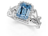White gold Fancy Blue Emerald Cut Diamond Halo Ring with Vintage Split Shank and Four-Prong Setting_92