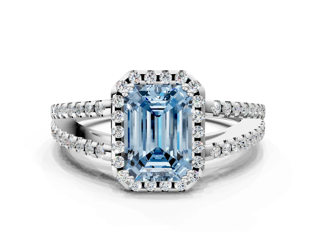 10K White Gold 3.55 Carat Blue VS1 Emerald Diamond Halo Split Shank Engagement Ring