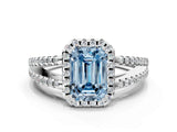10K White Gold 3.55 Carat Blue VS1 Emerald Diamond Halo Split Shank Engagement Ring
