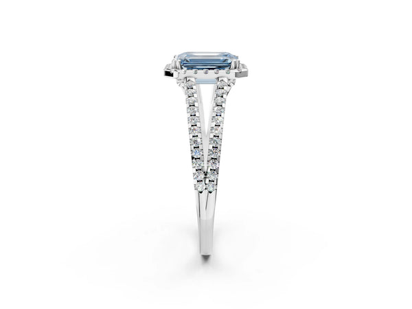 10K White Gold 3.55 Carat Blue VS1 Emerald Diamond Halo Split Shank Engagement Ring