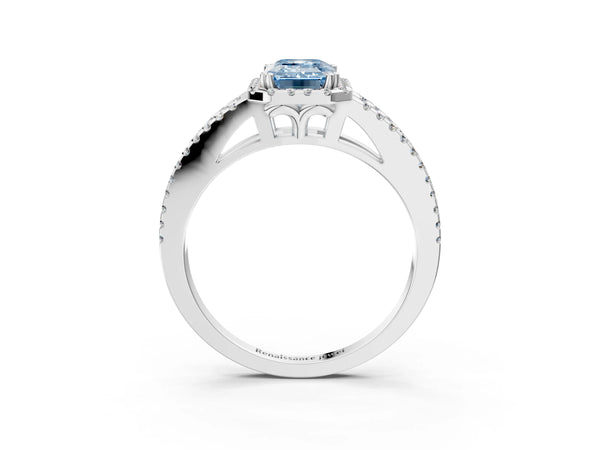 10K White Gold 3.55 Carat Blue VS1 Emerald Diamond Halo Split Shank Engagement Ring