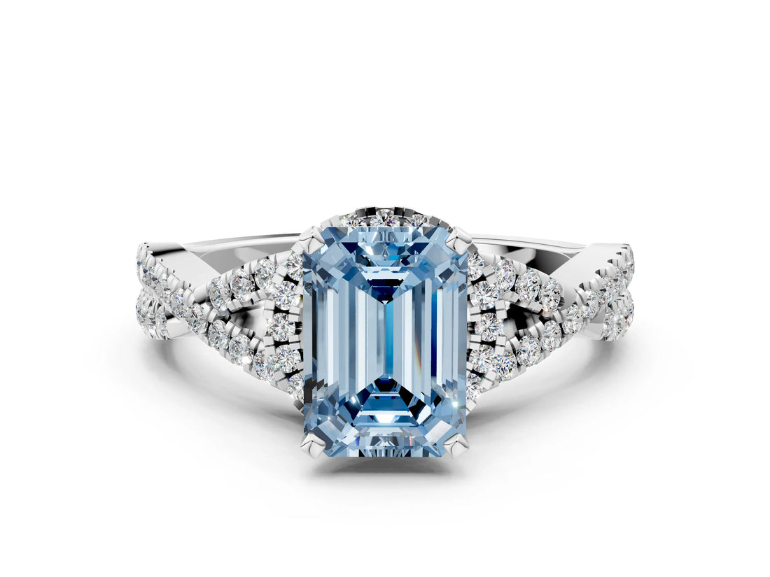 White gold Fancy Blue Emerald Cut Diamond  Halo Twist Band Solitaire Prong Setting Ring_13