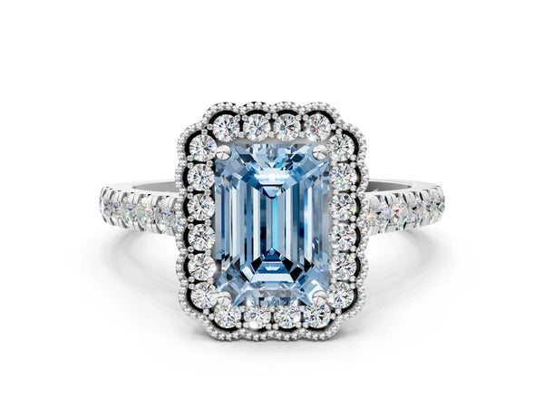 White gold Fancy Blue Emerald  Cut Diamond Milgrain Floral Halo Engagement Ring with Pavé Band