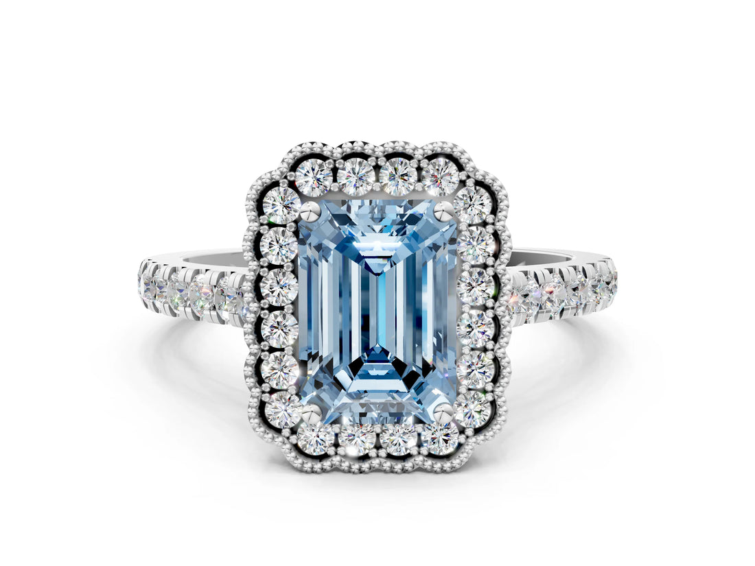 White gold Fancy Blue Emerald  Cut Diamond Milgrain Floral Halo Engagement Ring with Pavé Band_15