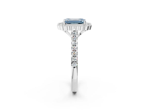 White gold Fancy Blue Emerald  Cut Diamond Milgrain Floral Halo Engagement Ring with Pavé Band