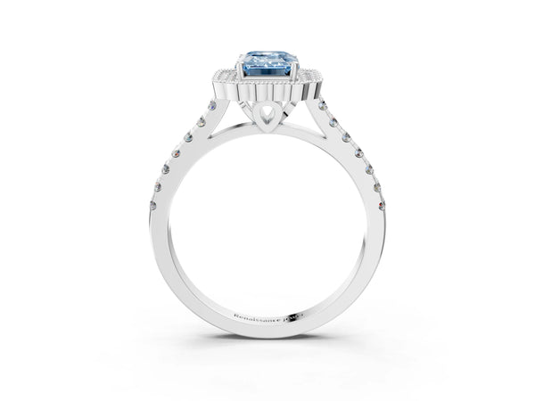White gold Fancy Blue Emerald  Cut Diamond Milgrain Floral Halo Engagement Ring with Pavé Band