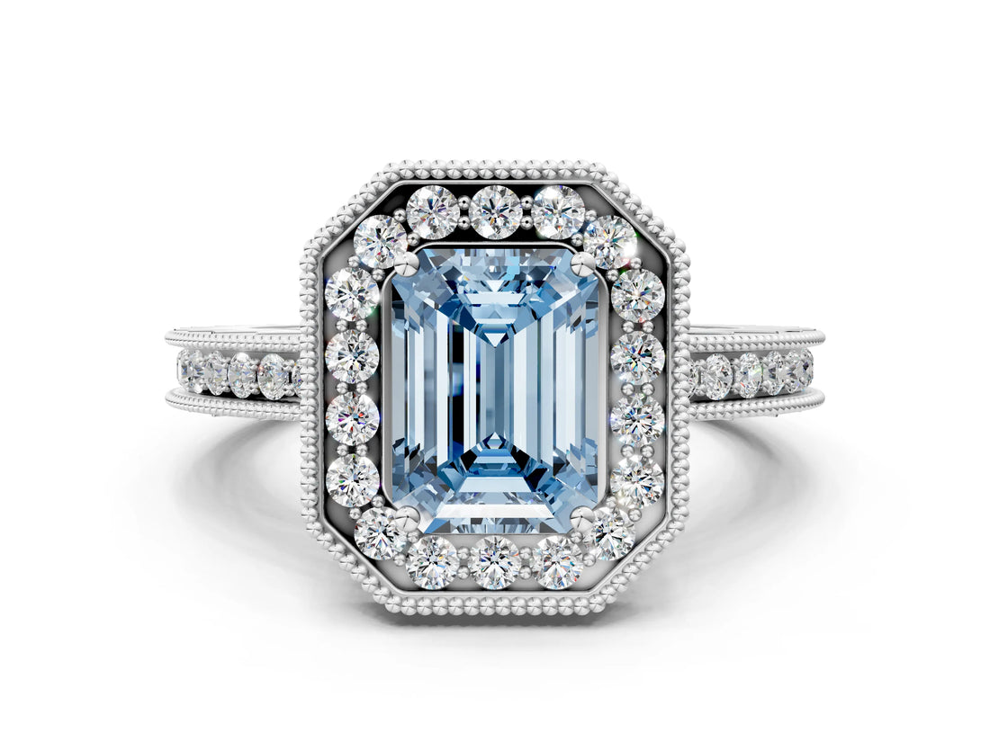 White gold Fancy Blue Emerald Cut Diamond Milgrain Halo Engagement Ring with Round Pavé Band and Prong Setting_12