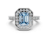 White gold Fancy Blue Emerald Cut Diamond Milgrain Halo Engagement Ring with Round Pavé Band and Prong Setting_12