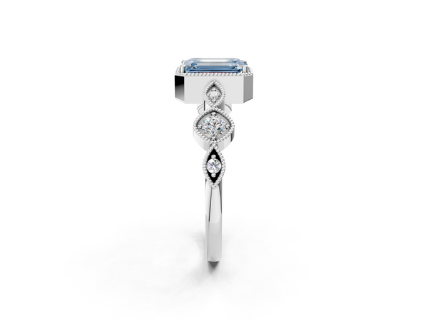 Platinum Fancy Blue Emerald  Cut Diamond Milgrain Marquise Band with Prong Setting