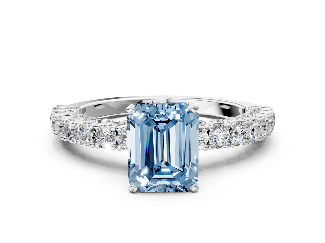 White gold Fancy Blue Emerald Cut Diamond Pavé Band Solitaire Ring with Prong Setting_85