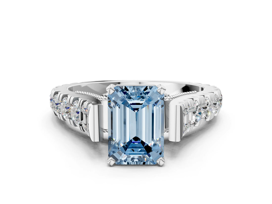 White gold Fancy Blue Emerald  Cut Diamond Pavé Band Solitaire with Four-Prong Setting_15