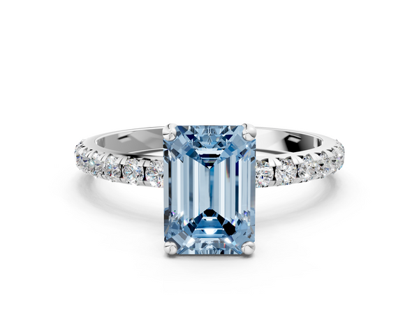White Gold Emerald Cut Solitaire Engagement Ring Setting for Fancy Blue Center with Single Row Pave Band