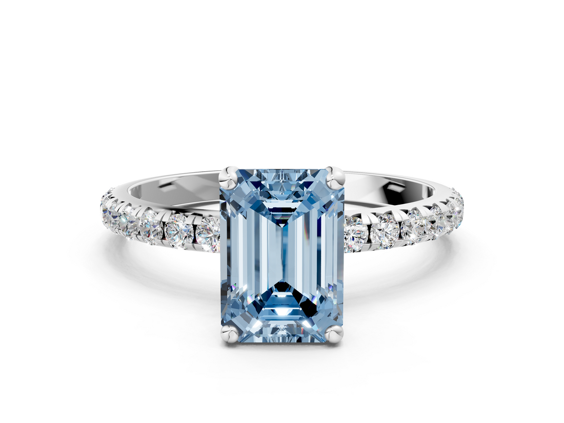White gold Fancy Blue Emerald  Cut Diamond Pavé Band Solitaire with Four-Prong Setting_3