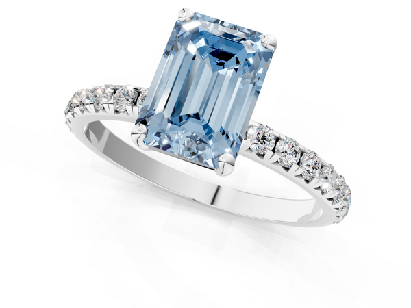 White Gold Emerald Cut Solitaire Engagement Ring Setting for Fancy Blue Center with Single Row Pave Band
