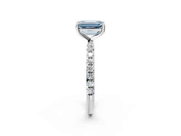 White Gold Emerald Cut Solitaire Engagement Ring Setting for Fancy Blue Center with Single Row Pave Band