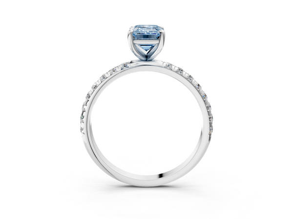 White Gold Emerald Cut Solitaire Engagement Ring Setting for Fancy Blue Center with Single Row Pave Band