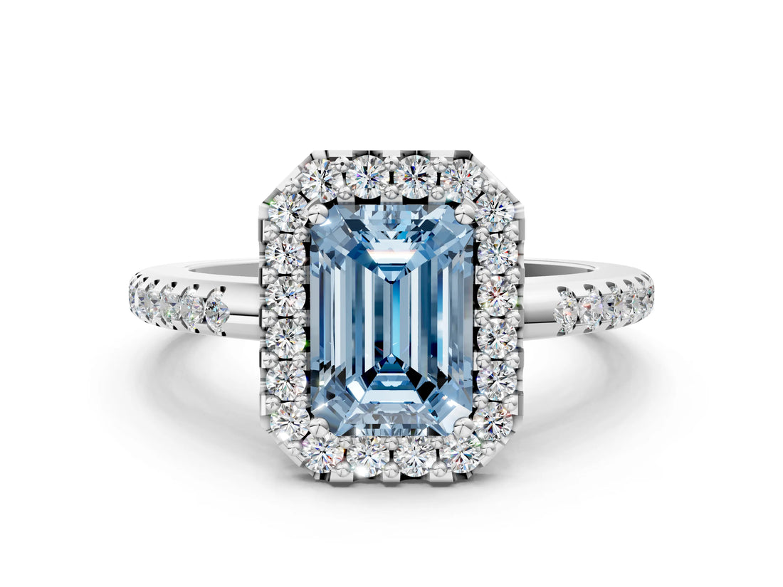 White gold Fancy Blue Emerald Cut Diamond Pavé Halo Ring with Four-Prong Setting_48