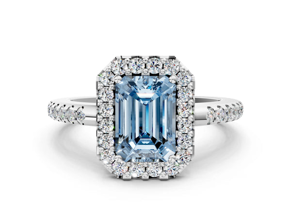White gold Fancy Blue Emerald Cut Diamond Pavé Halo Ring with Four-Prong Setting