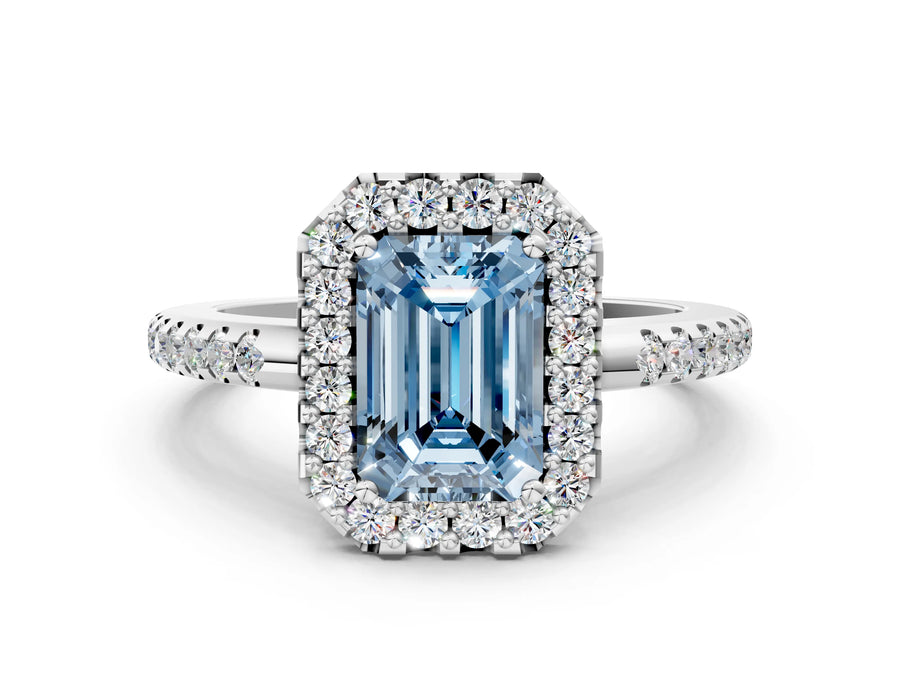 White gold Fancy Blue Emerald Cut Diamond Pavé Halo Ring with Four-Prong Setting