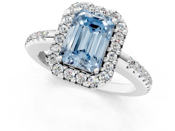 White gold Fancy Blue Emerald Cut Diamond Pavé Halo Ring with Four-Prong Setting
