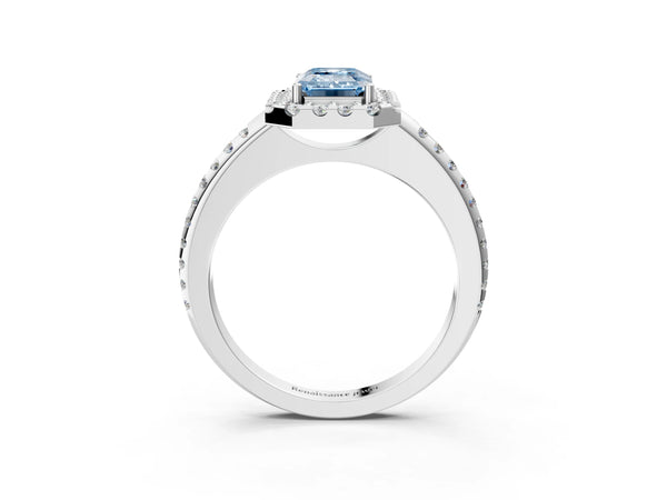 White gold Fancy Blue Emerald Cut Diamond Pavé Halo Ring with Four-Prong Setting