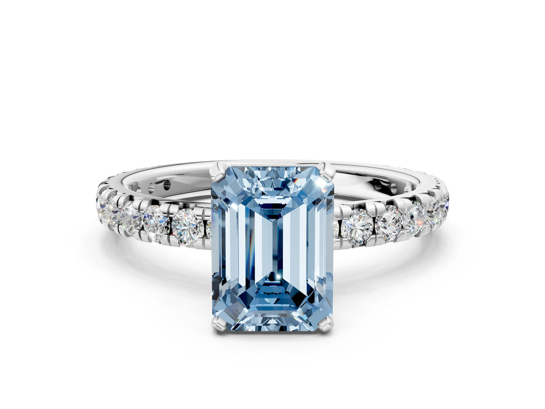 White gold Fancy Blue Emerald Cut Diamond Pavé Solitaire Ring with Round Band and Prong Setting_13