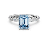 White gold Fancy Blue Emerald Cut Diamond Pavé Solitaire Ring with Round Band and Prong Setting_13