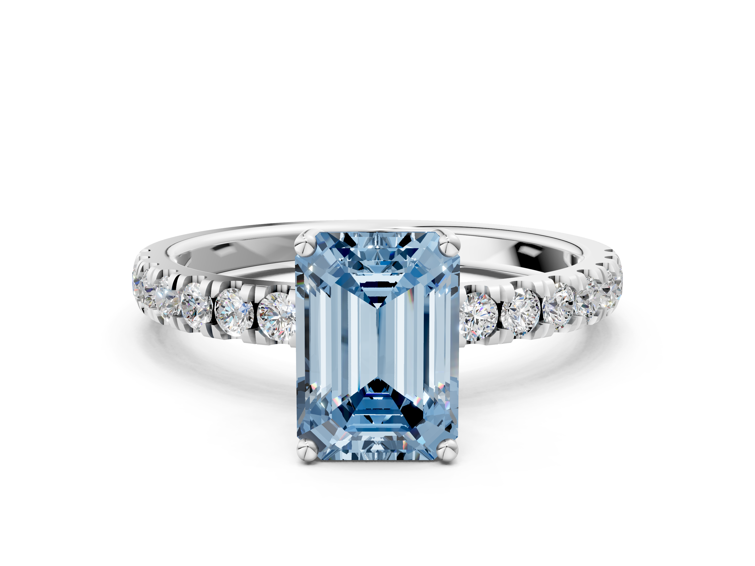 White gold Fancy Blue Emerald  Cut Diamond Pave Band Solitaire Ring with Four-Prong Setting_24