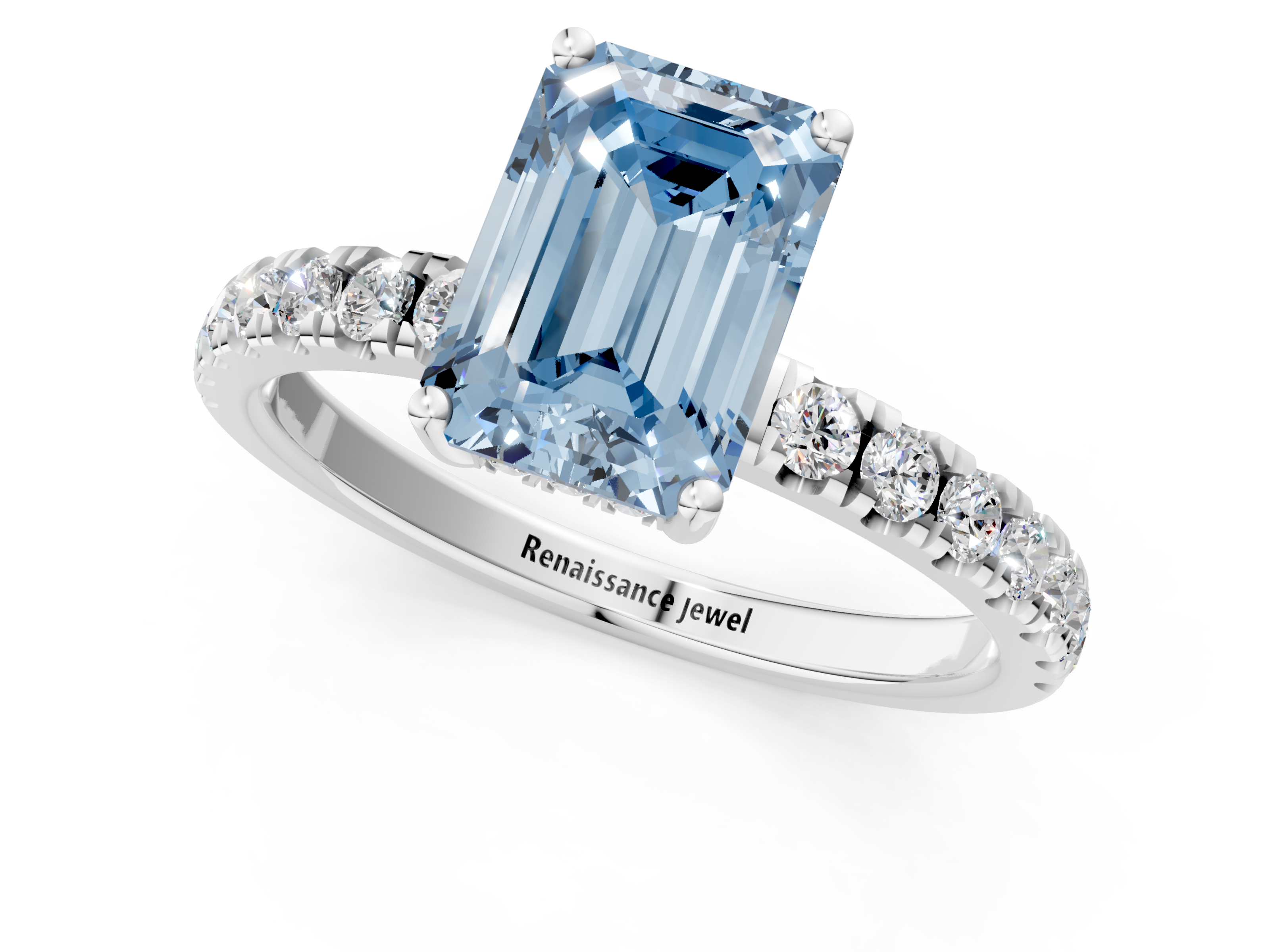 White gold Fancy Blue Emerald  Cut Diamond Pave Band Solitaire Ring with Four-Prong Setting_25