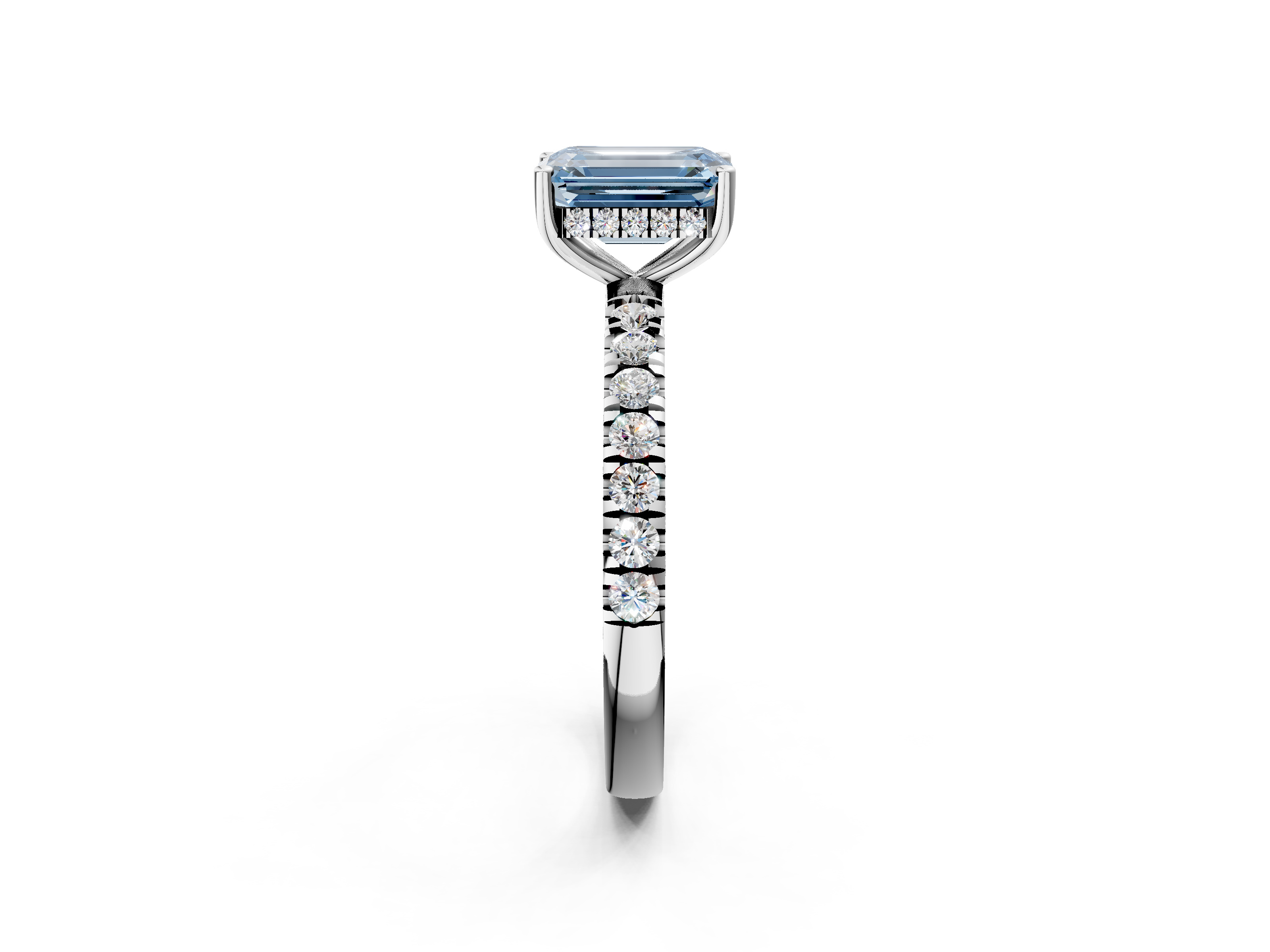 White gold Fancy Blue Emerald  Cut Diamond Pave Band Solitaire Ring with Four-Prong Setting_26