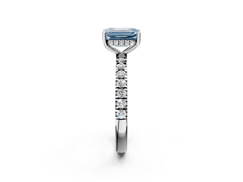 White gold Fancy Blue Emerald  Cut Diamond Pave Band Solitaire Ring with Four-Prong Setting_26