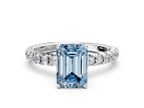 White gold Fancy Blue Emerald Cut Diamond Pave Band Solitaire Ring with Round  and Prong Setting_146