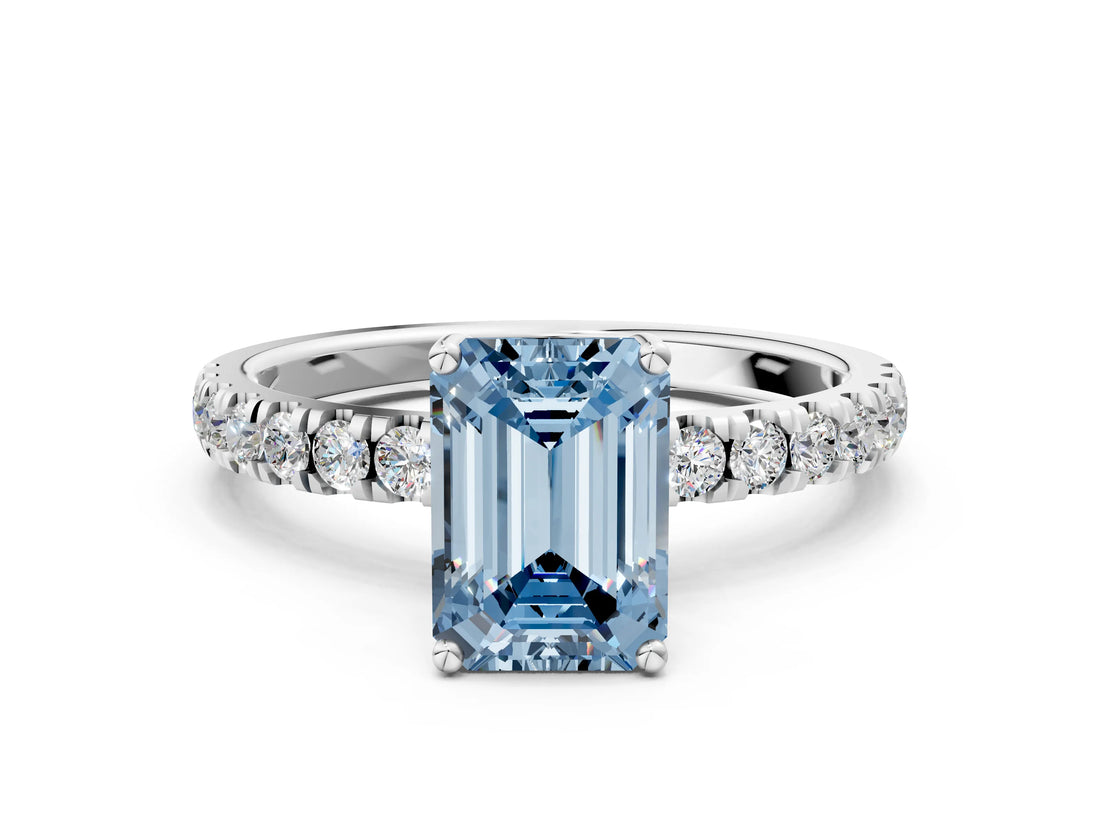 White gold Fancy Blue Emerald Cut Diamond Pave Band Solitaire Ring with Round  and Prong Setting_147