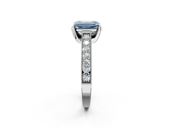 Platinum Fancy Blue Emerald  Cut Diamond Solitaire Ring with Milgrain Pave Band and Four Prong Setting